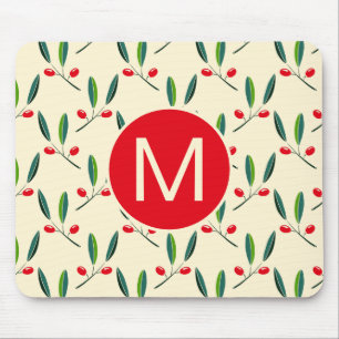 Tapis De Souris Monogramme à motif de baies rouges illustré modern