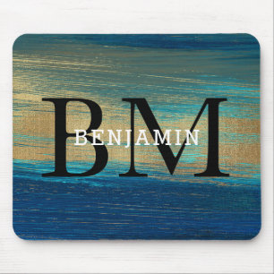 Tapis De Souris Monogramme Abstrait bleu marine et or hommes