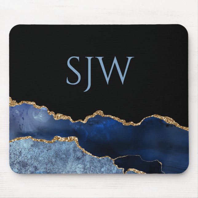 Tapis De Souris Monogramme Agate Bleu Nuit et Or (Devant)