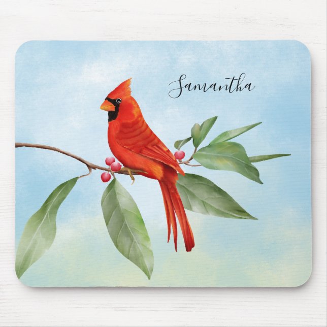 Tapis De Souris Monogramme Aquarelle Bleu Vert Rouge Cardinal Oise (Devant)