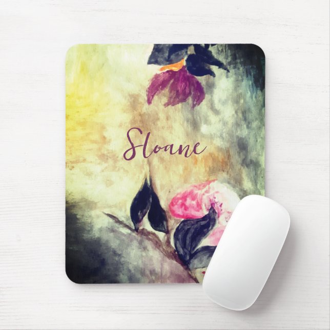 Tapis De Souris Monogramme Aquarelle rose Fleurs Feuilles noirs (Avec souris)