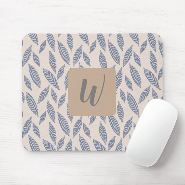 Tapis De Souris Monogramme Bleu Botanique Feuilles Souris (Avec souris)