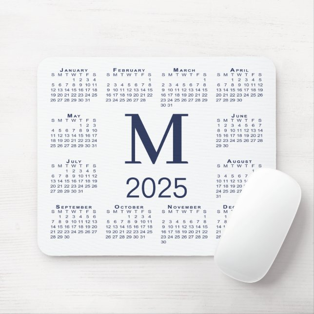 Tapis De Souris Monogramme bleu marine 2025 Calendrier sur blanc (Avec souris)