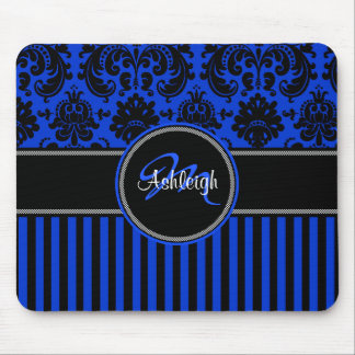 Tapis De Souris Monogramme Bleu Noir Bleu Blancs Damas Mousepad