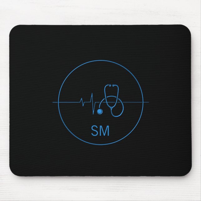 Tapis De Souris Monogramme Bleu Noir Stethoscope Médicale Coeur (Devant)