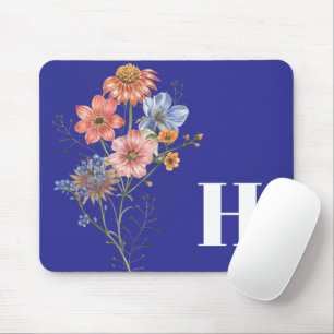 Tapis De Souris Monogramme bleu profond Simple Floral