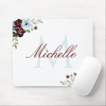 Tapis De Souris monogramme bleu-roux bordeaux<br><div class="desc">aquarelle bordeaux bleu foncé monogramme floral avec lettrage chic et rayures blanches.</div>