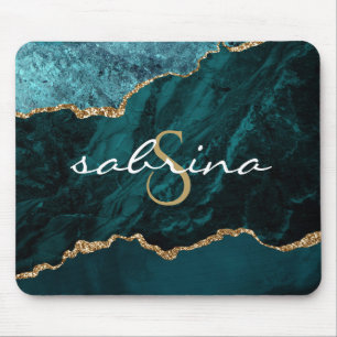 Tapis De Souris Monogramme bleu sarcelle or agate géode