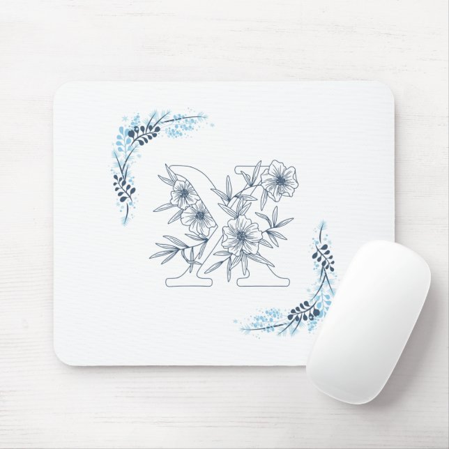 Tapis De Souris Monogramme bleu "X" floral calme initial (Avec souris)