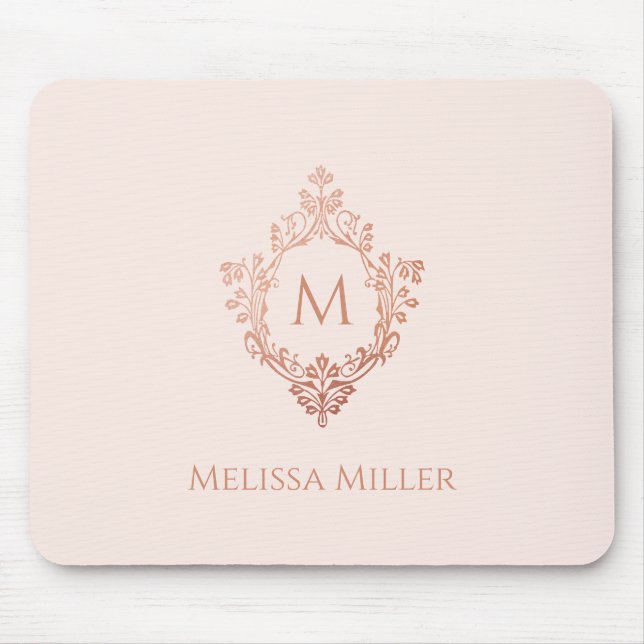 Tapis De Souris Monogramme Blush Rose Rose Gold Crest Nom élégant (Devant)