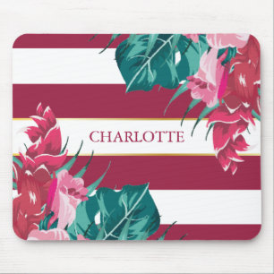Tapis De Souris Monogramme bordeaux Floral rayé