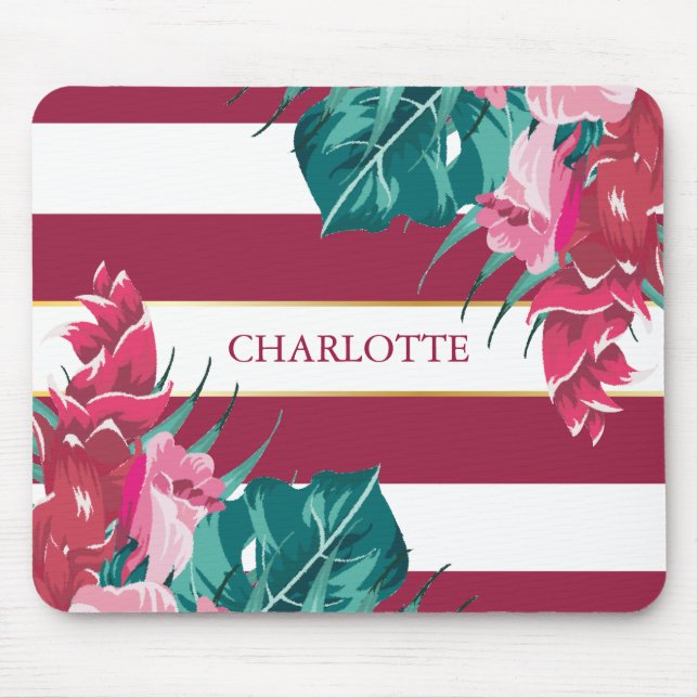 Tapis De Souris Monogramme bordeaux Floral rayé (Devant)