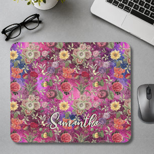 Tapis De Souris Monogramme botanique aquarelle rose chic violet