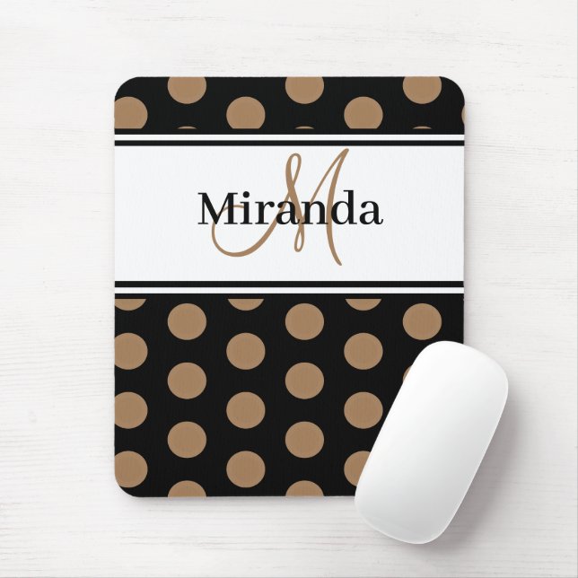 Tapis De Souris Monogramme Brown Polka Point noir blanc Script (Avec souris)