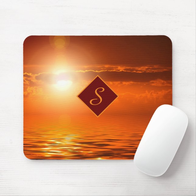 Tapis De Souris Monogramme Coucher de soleil Orange Ciel doré Mer  (Avec souris)