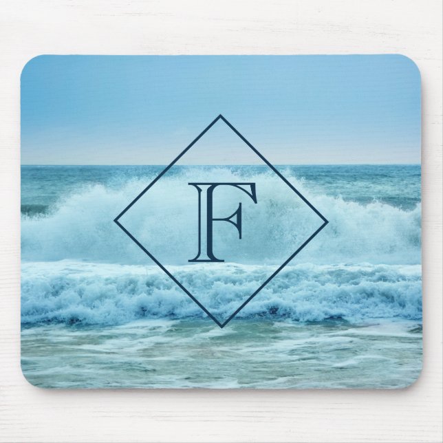 Tapis De Souris Monogramme Crashant Vagues Blue Ocean Beach Photo (Devant)