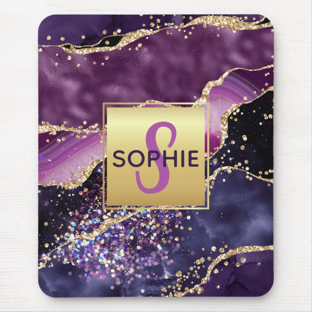 Tapis De Souris Monogramme d'agate pailletée violet et rose et or  (Devant)