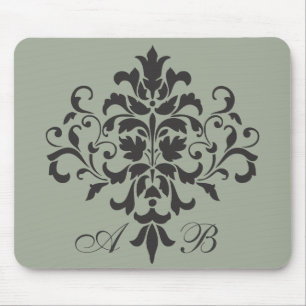 Tapis De Souris Monogramme damassé en gris ou gris élégant