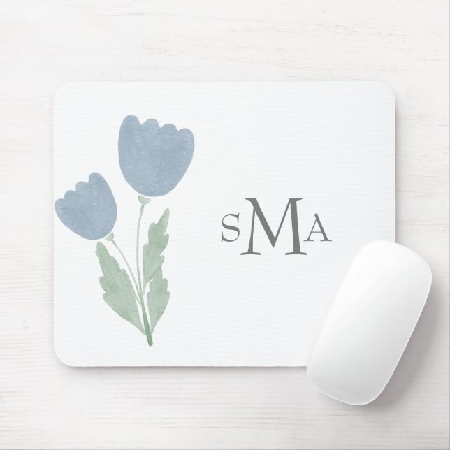 Tapis De Souris Monogramme d'aquarelle simple Typographie florale (Avec souris)