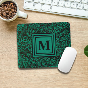 Tapis De Souris Monogramme de feuillage végétal Emerald Green