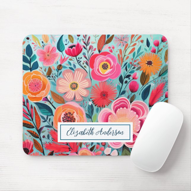 Tapis De Souris Monogramme de fleurs roses colorées modernes (Avec souris)