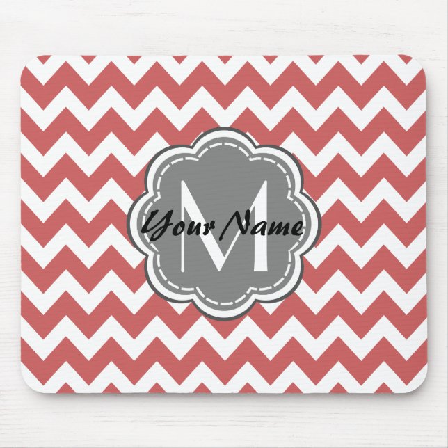 Tapis De Souris Monogramme de gris fleuri rouge indien Chevron (Devant)