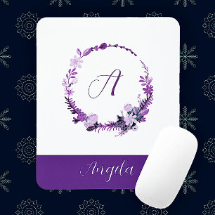 Tapis De Souris Monogramme de lettre initiale floral violet élégan