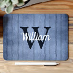 Tapis De Souris Monogramme de marine Vintage bleu à rayures rétro<br><div class="desc">Ce design présente un motif vintage à rayures rayées bleu marine. Personnalisez-le avec votre initiale monogramme en bleu marine et votre nom en écriture rétro blanche.</div>