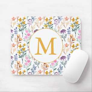 Tapis De Souris Monogramme de motif aquarelle de fleurs de printem