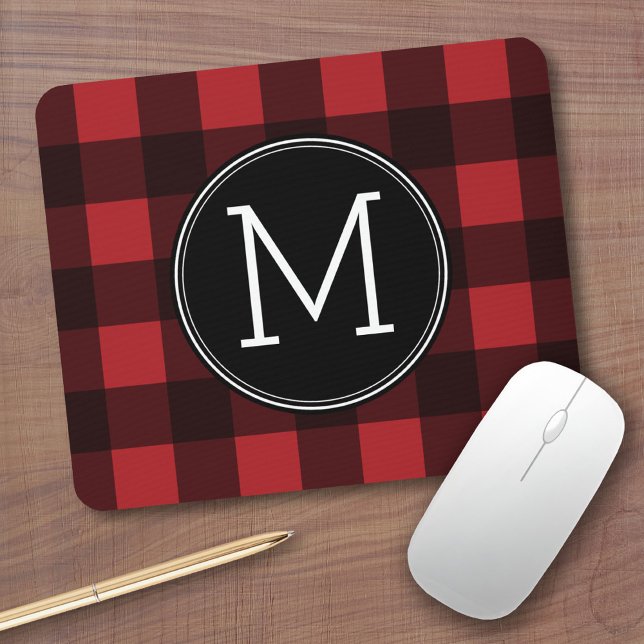 Tapis De Souris Monogramme de Motif de buffle rouge et noir rustiq (Personalized mousepad - Add Photos and Custom Text)