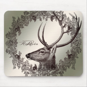 Tapis De Souris Monogramme de Noël Floral Renne Doré Hiver