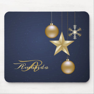 Tapis De Souris Monogramme de Noël Ornements Dorés Bleu Marine