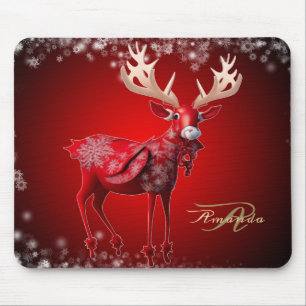 Tapis De Souris Monogramme de Noël Renne Rouge Vacances d'Hiver