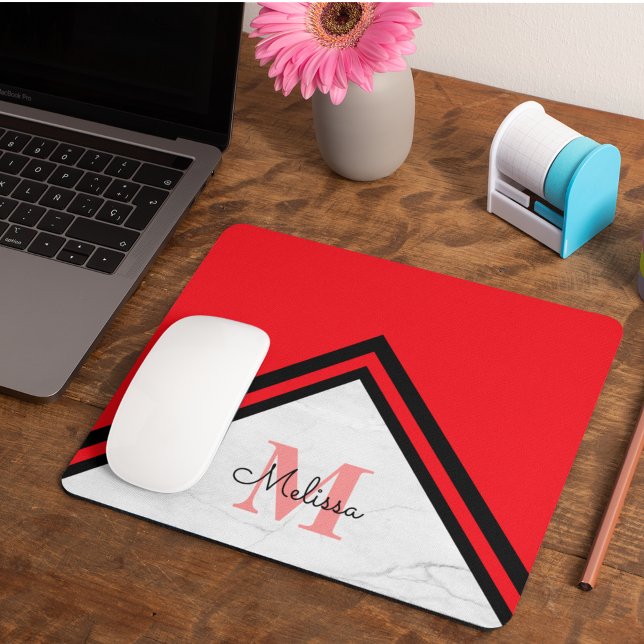 Tapis De Souris Monogramme de nom Chevron Rouge et Noir Moderne (Créateur téléchargé)