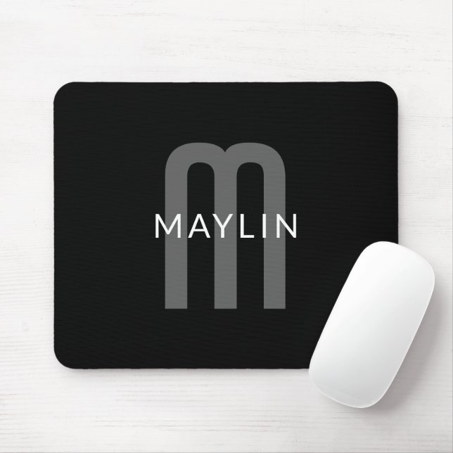 Tapis De Souris Monogramme de nom de style moderne | Noir Gris Bla (Avec souris)