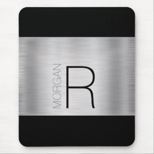 Tapis De Souris Monogramme de nom DIY, Noir Gris, Argent brossé, V