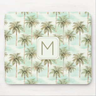 Tapis De Souris Monogramme de palmiers tropicaux Aqua et Cream