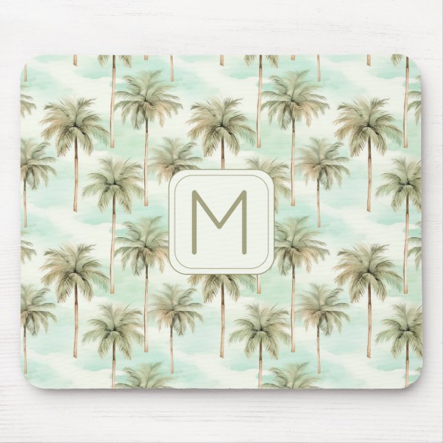 Tapis De Souris Monogramme de palmiers tropicaux Aqua et Cream (Devant)