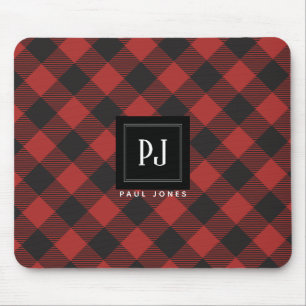 Tapis De Souris Monogramme de plaid de Buffalo rouge et noir