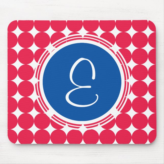 Tapis De Souris Monogramme de point Polka bleu et rouge (Devant)