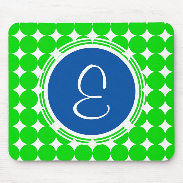 Tapis De Souris Monogramme de point Polka bleu et vert (Devant)