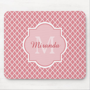 Tapis De Souris Monogramme de Quatrefoil Rose Chic Avec Nom