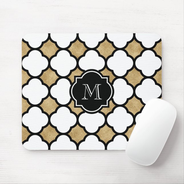 Tapis De Souris Monogramme de Quatrefol blanc noir géométrique or (Avec souris)