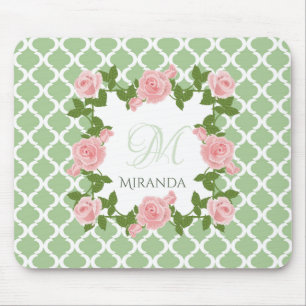 Tapis De Souris Monogramme de rose de rose de Quatrefoil de vert
