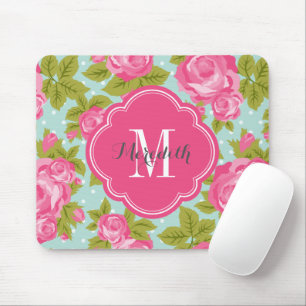 Tapis De Souris Monogramme de Roses Vintages rose et menthe