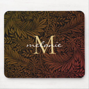 Tapis De Souris Monogramme de script floral or orange rouille élég