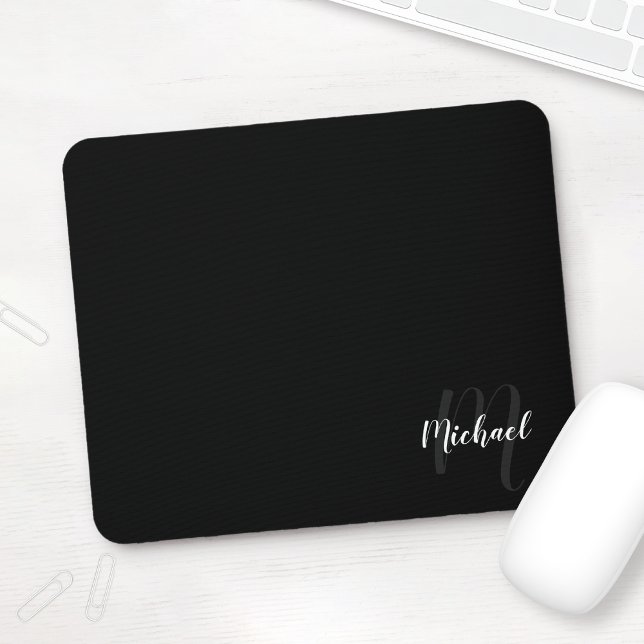 Tapis De Souris Monogramme de script personnalisé et nom noir (Créateur téléchargé)