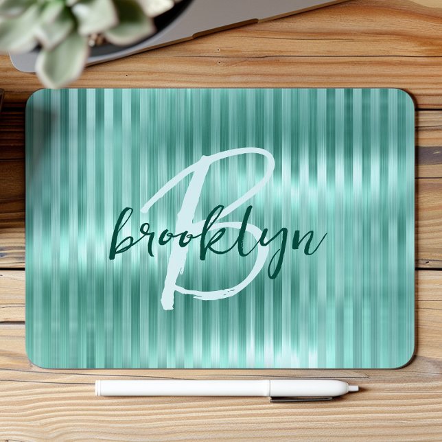 Tapis De Souris Monogramme de script rayures métal brossé Aqua  (Créateur téléchargé)
