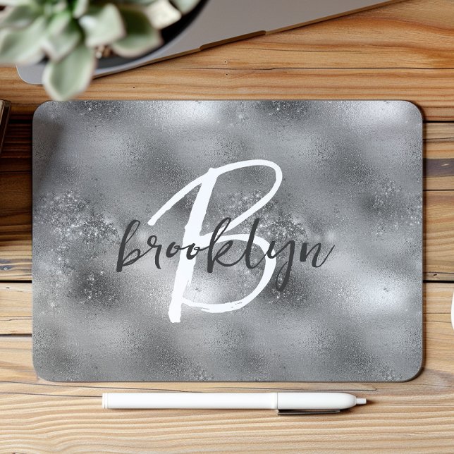 Tapis De Souris Monogramme de script tendance argenté Glam  (Créateur téléchargé)
