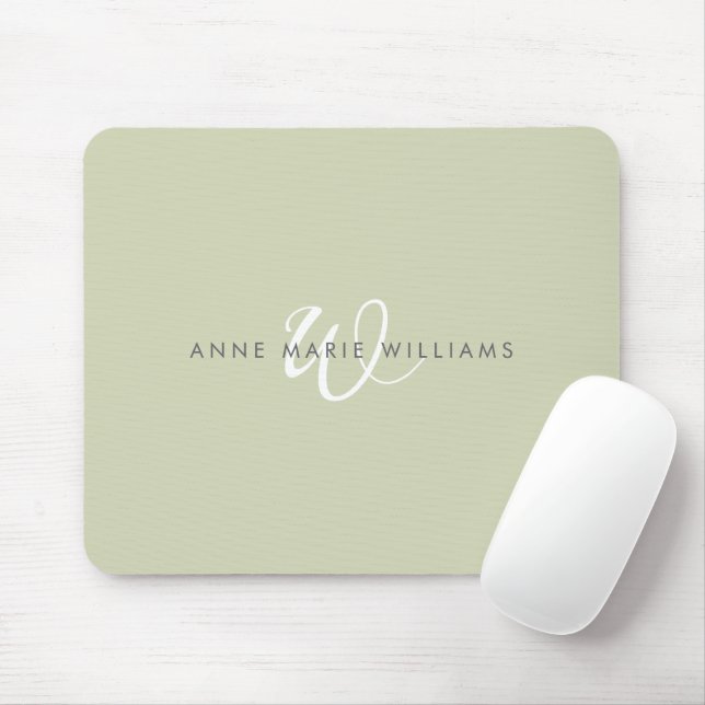Tapis De Souris Monogramme de style moderne vert sauge blanc (Avec souris)